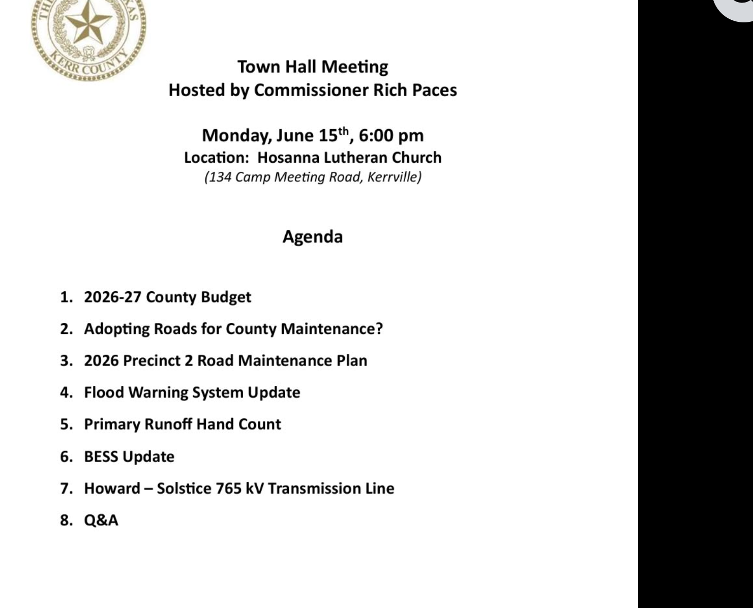 Town Hall Meeting agenda — Hosted by Commissioner Rich Paces, Monday June 15th 6:00 pm, Hosanna Lutheran Church, 134 Camp Meeting Road, Kerrville