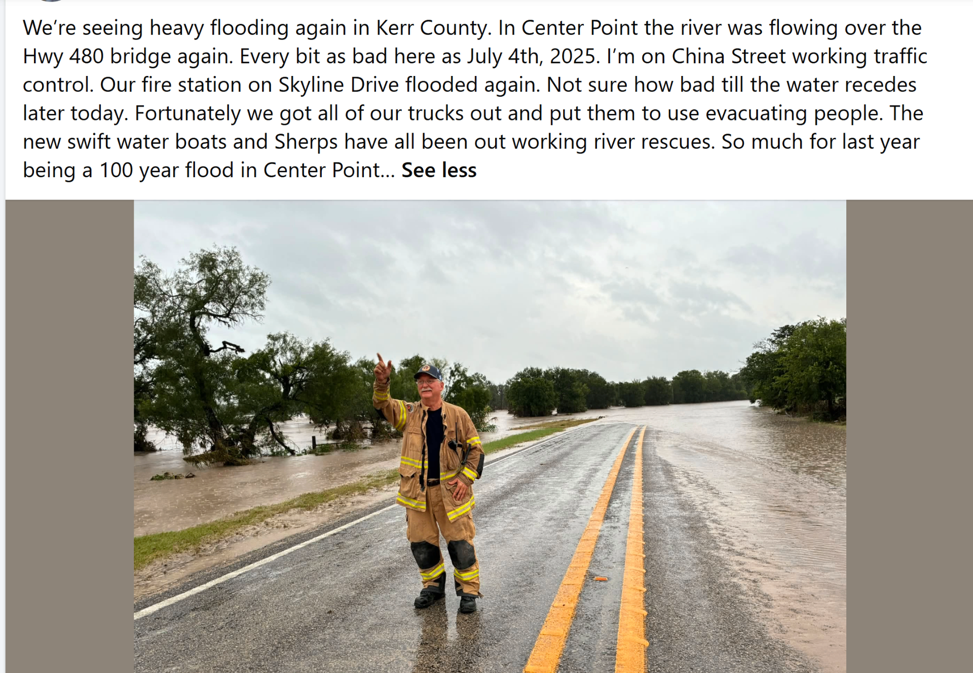 Rich Paces in firefighter turnout gear on flooded Hwy 480 near Center Point, July 2026