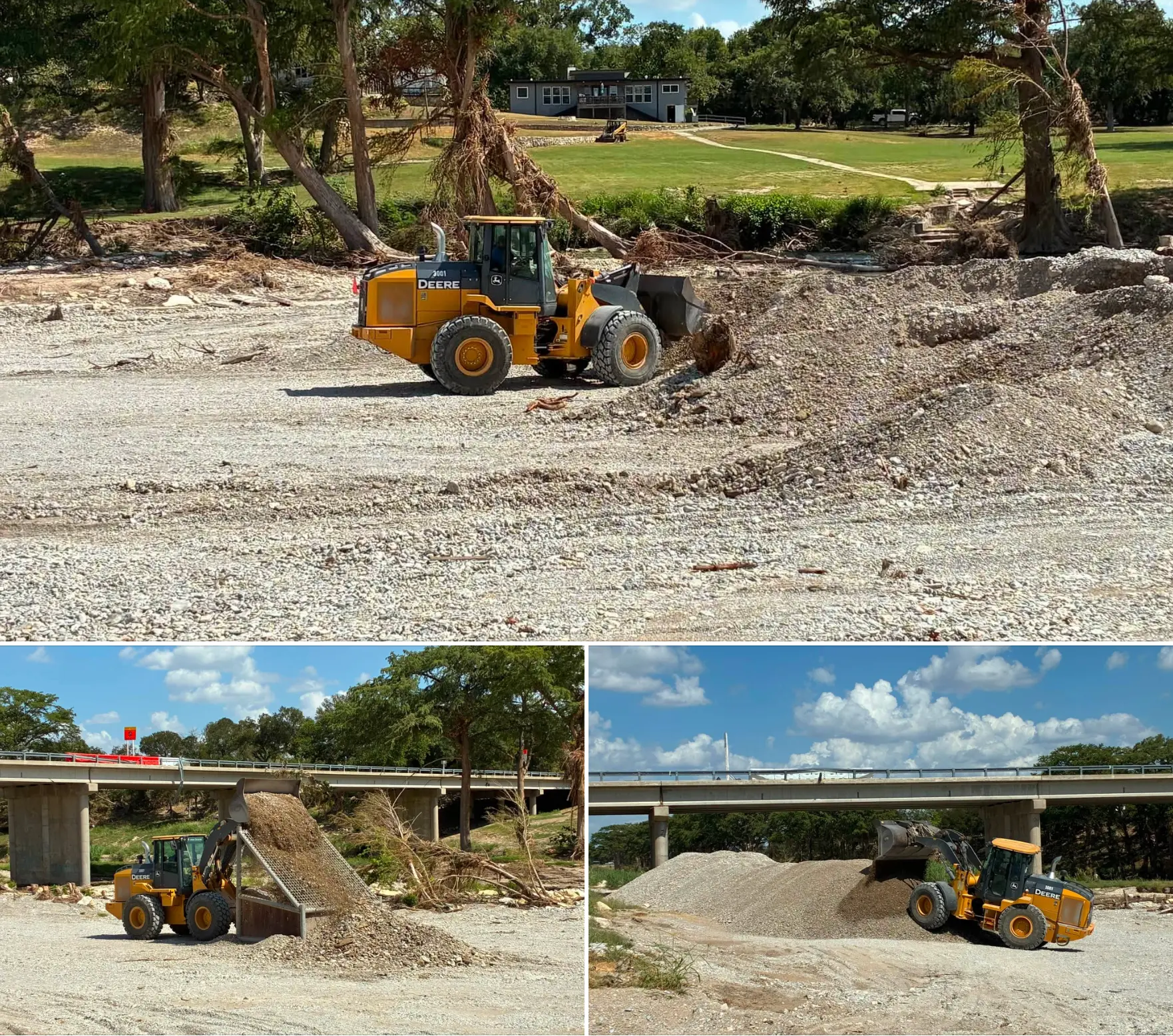 Heavy equipment recovering and sifting gravel at the Crossing Street flood recovery site in Center Point, Texas.
