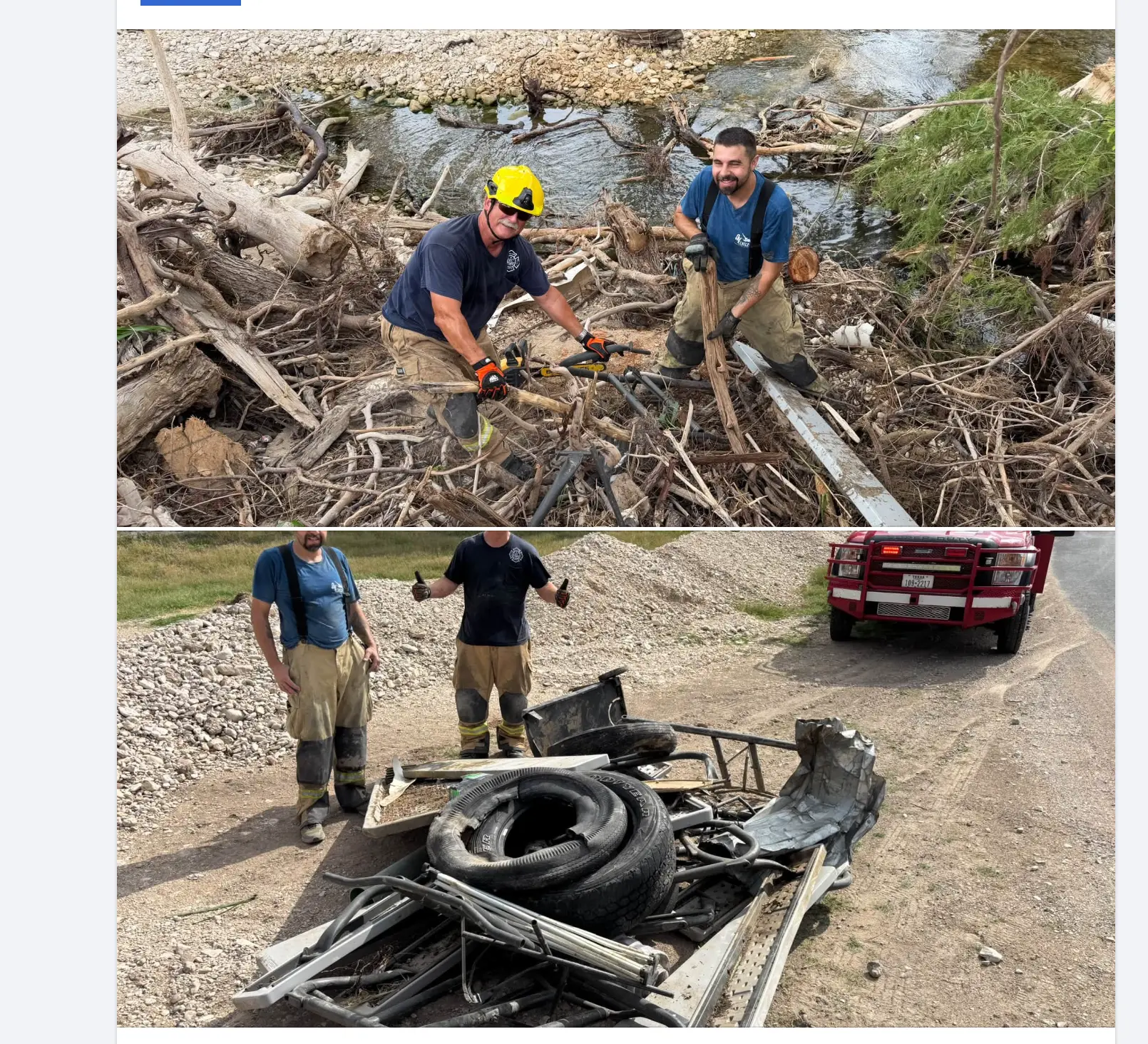 Volunteers pulling flood debris from the river downstream of the River Road RV Park, and the pile of tires, metal, and scrap they removed