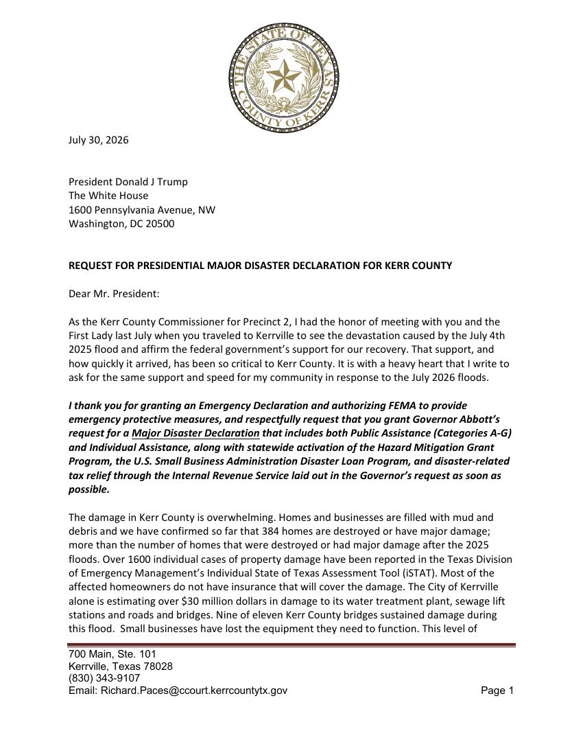 First page of Commissioner Rich Paces letter to President Donald J. Trump requesting a Major Disaster Declaration for Kerr County