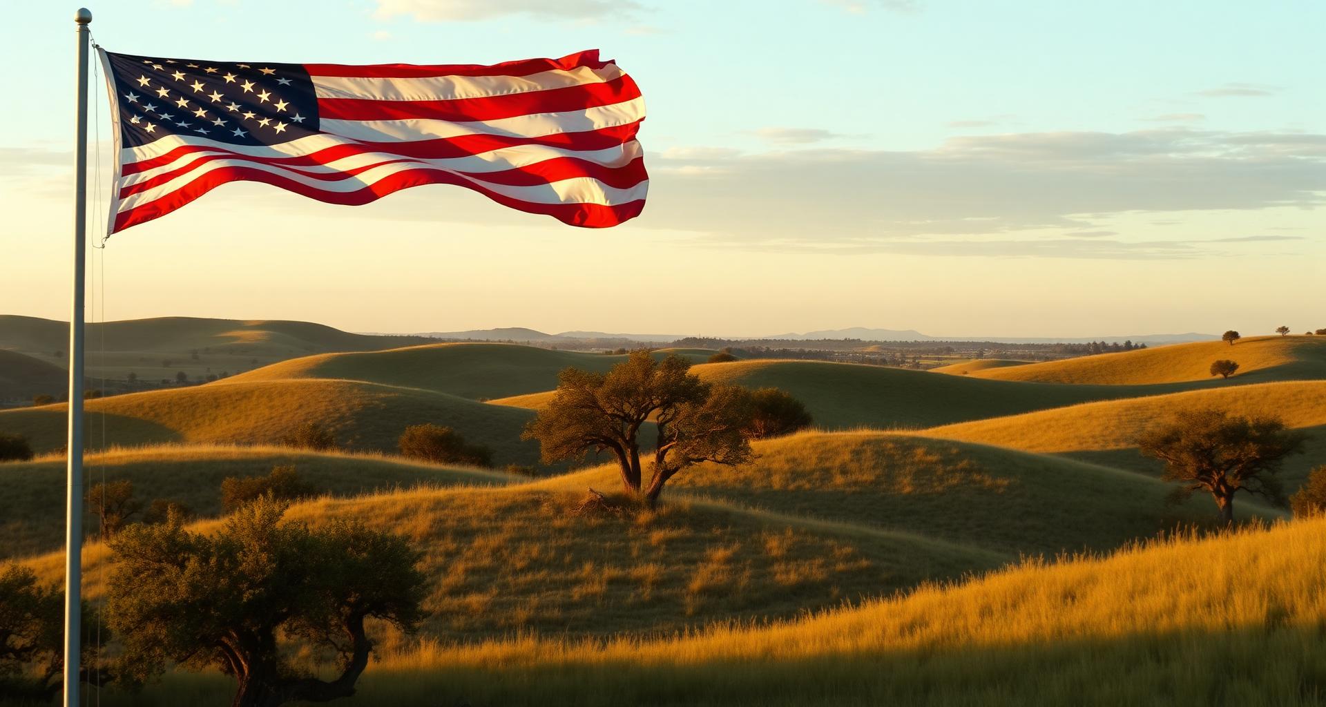 Texas Hill Country landscape with American flag